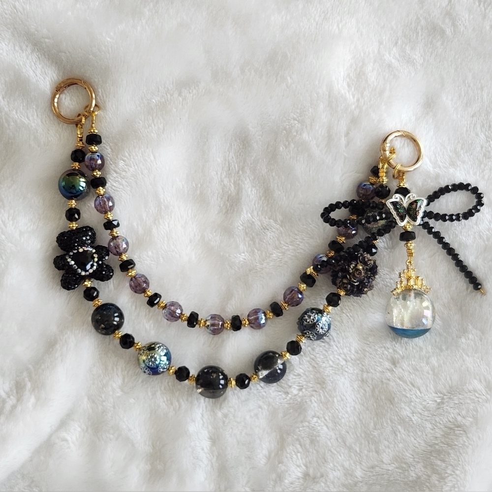 Beaded Black & Gold Double-Strand Bag Charm with Glass Castle Orb